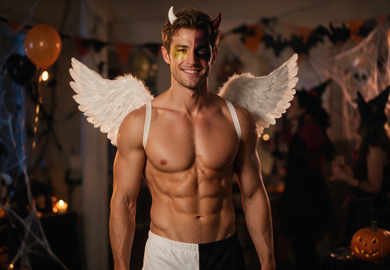 Disfraz de Halloween doble cara, mitad ángel mitad demonio
