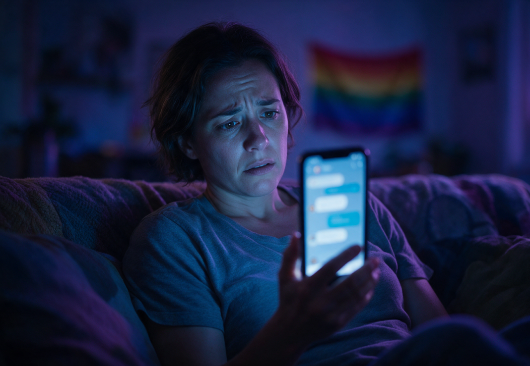 Persona adulta mirando preocupada su móvil de noche con mensajes de chat en pantalla