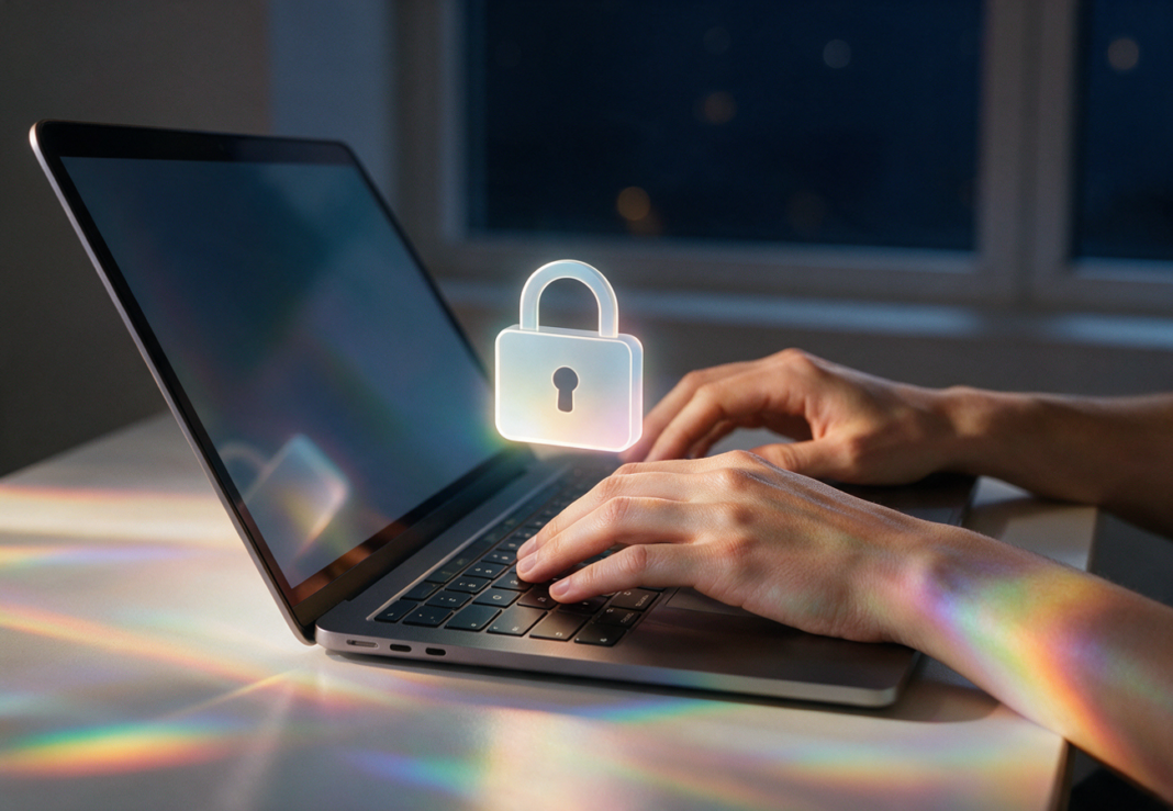 Manos escribiendo en un portátil de noche con un icono de candado digital iluminado, en referencia al programa SafeNet LGTBI+ de Rainbow E-Safe