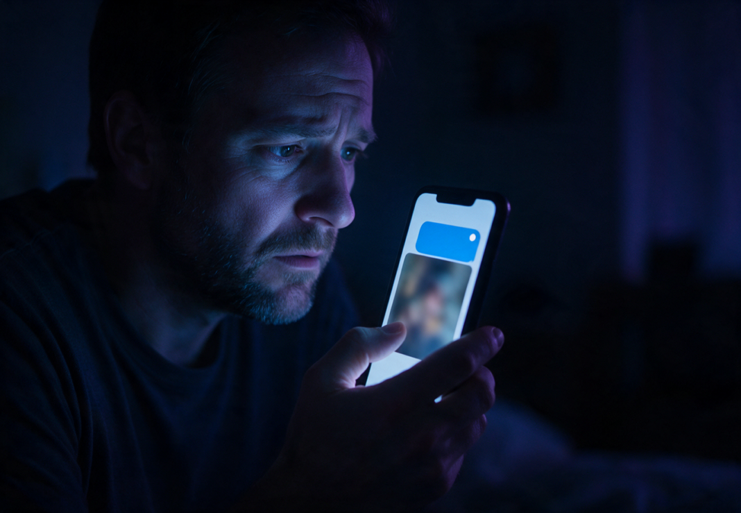Hombre adulto mirando preocupado su móvil de noche, con una imagen difuminada en la pantalla